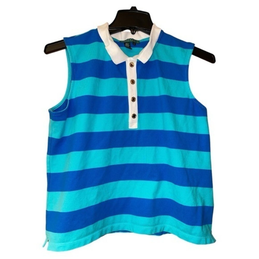 Lauren Ralph Lauren Women’s Striped Sleeveless Polo‎ Shirt Tennis Prep XL Blue